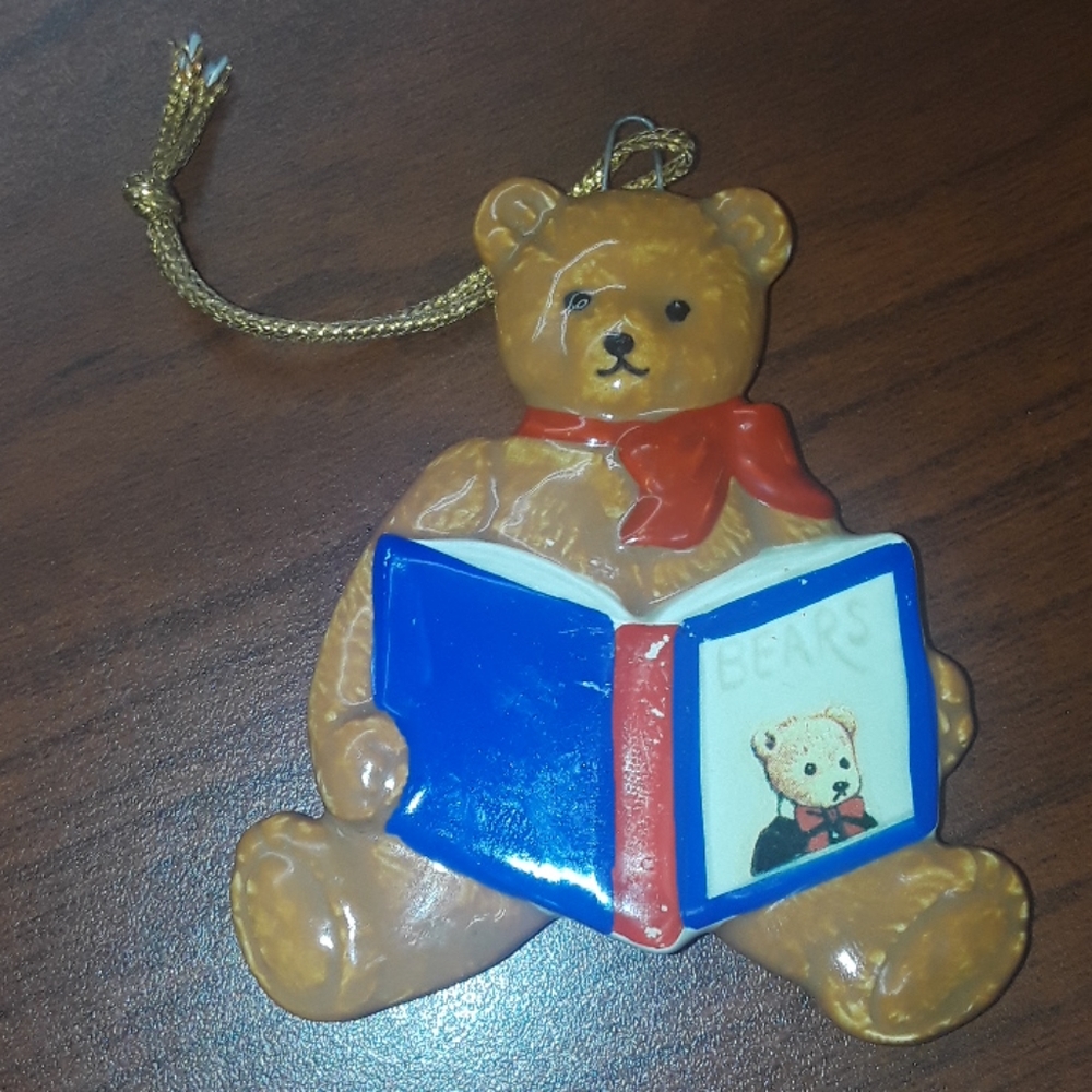 Vintage  Teddy bear book ornament porcelain